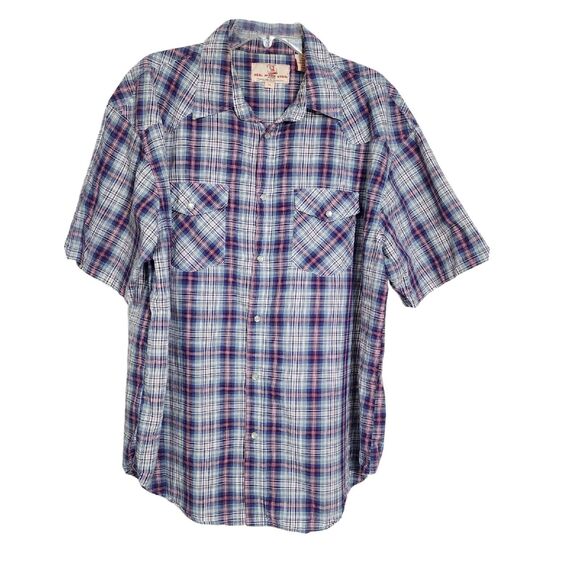Real Work Wear Men Shirt Size XL Pearl Snap Green Blue Plaid Short Sleeve Pocket - Picture 1 of 9